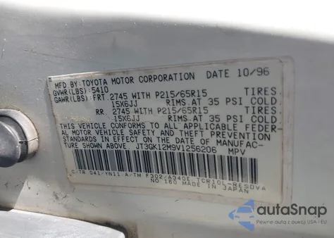 1997 Toyota Previa Dx S/C z USA, uszkodzony, nr VIN JT3GK12M9V1256206